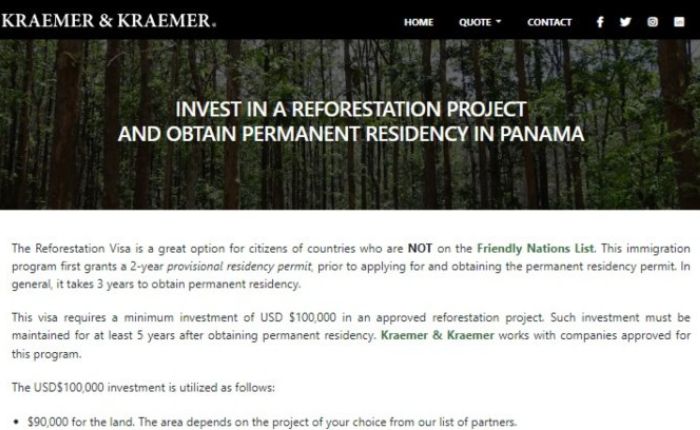 imagen del website de Panama reforestation visa